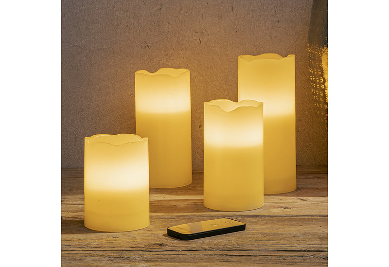 HI LED  Kerzen flammenlos inkl. FB batteriebetr Ø7,5cm H10/12,5/15/17,5cm 4er Set