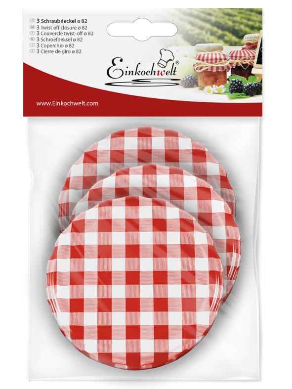DOSEN-ZENTRALE Twist-off Deckel sterilisationsfest Ø82mm rot/weiß kariert 3er Beutel