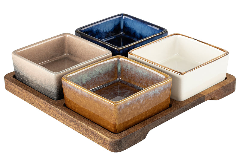 MORITZ&MORITZ Dipp Schalen Set eckig mit Akazienbrett 19x19x 4,1cm 5teilig