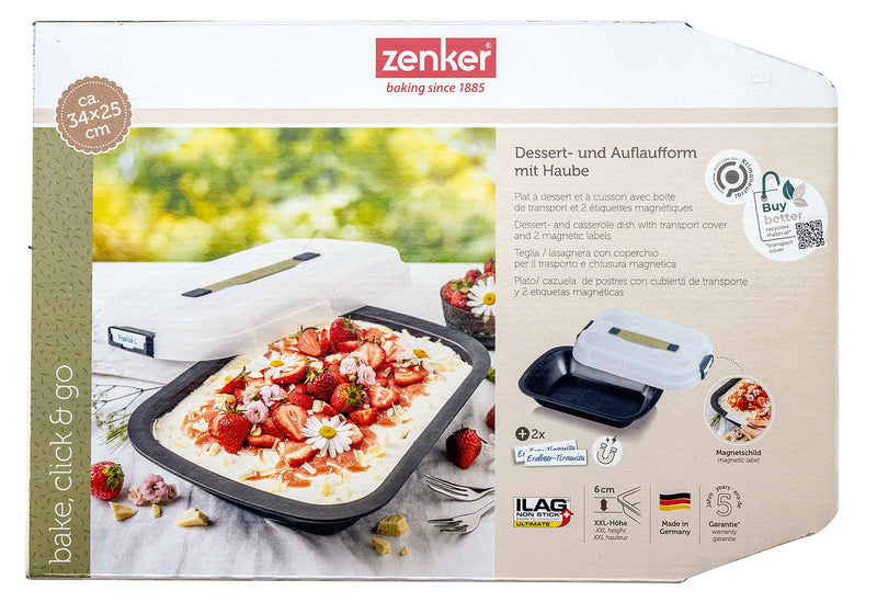 ZENKER Dessert- und Auflaufform 34x25x6cm Bake, Click & Go mit Haube und 2 Magnetschildern