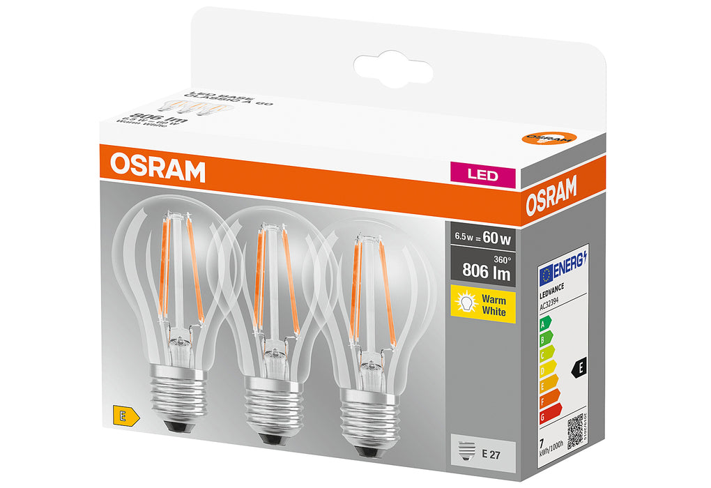 OSRAM LED Filament Birne E27 6,5W 806lm 2.700K klar 3er