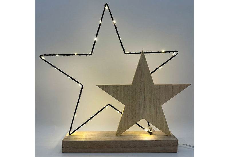F-H-S Stern 30LED batteriebetr mit Timer Holz u Metall 32x5x31cm