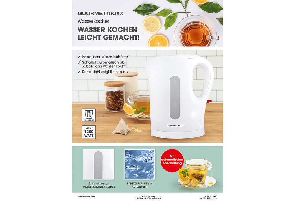 GOURMETMAXX Wasserkocher 1200W 1l weiß