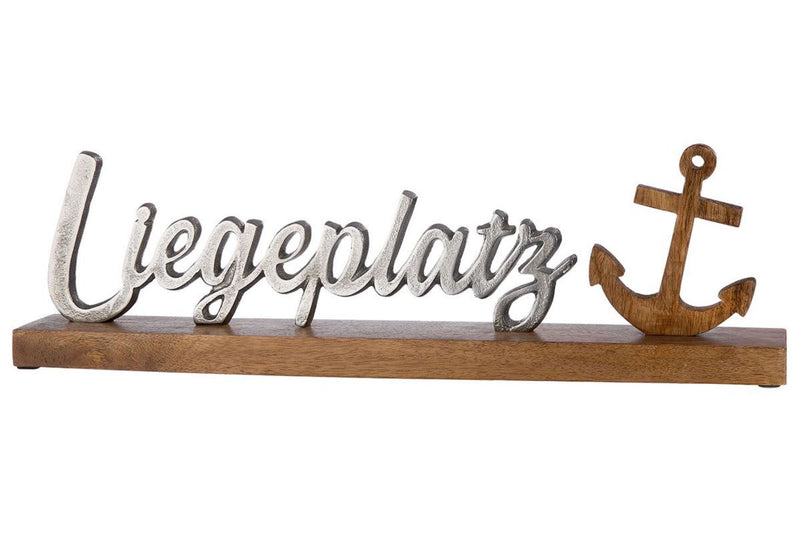 Grosser maritimer Alu- Holzschriftzug als Aufsteller,  Modell: LIEGEPLATZ, Material Alu und Holz, Maße 51 x 15 cm, Farbe silber, ideal für Garten, Terrasse, Cafe, Cafeteria, hoher Neidfaktor