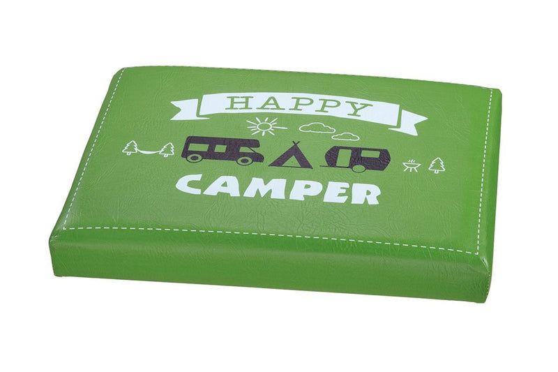 Outdoor Hocker Bierkiste, Sitzaufsatz Modell: HAPPY CAMPER, Material Kunstleder, Maße 44 x 34 x 5 cm, Farbe grün, ideal für Garten, Terrasse, Bar, oder einfach Zuhause.