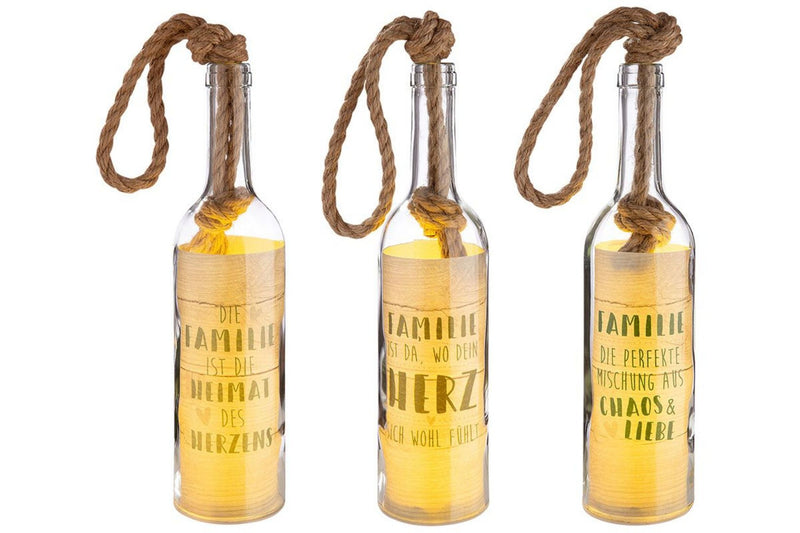 Tolle LED-Flaschendeko mit integrierter Lichterkette, top angesagt, im heimeligen Stil. LED Flasche mit Spruch, Modell:  FAMILIE IST DA, WO DEIN HERZ SICH WOHL FÜHLT, Hoher Neidfaktor.