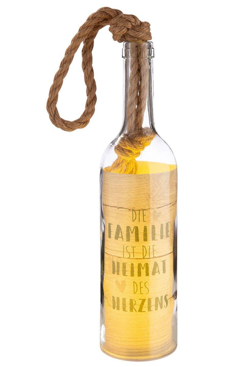 Tolle LED-Flaschendeko mit integrierter Lichterkette, top angesagt, im heimeligen Stil. LED Flasche mit Spruch, Modell: DIE FAMILIE IST DIE HEIMAT..., Hoher Neidfaktor.
