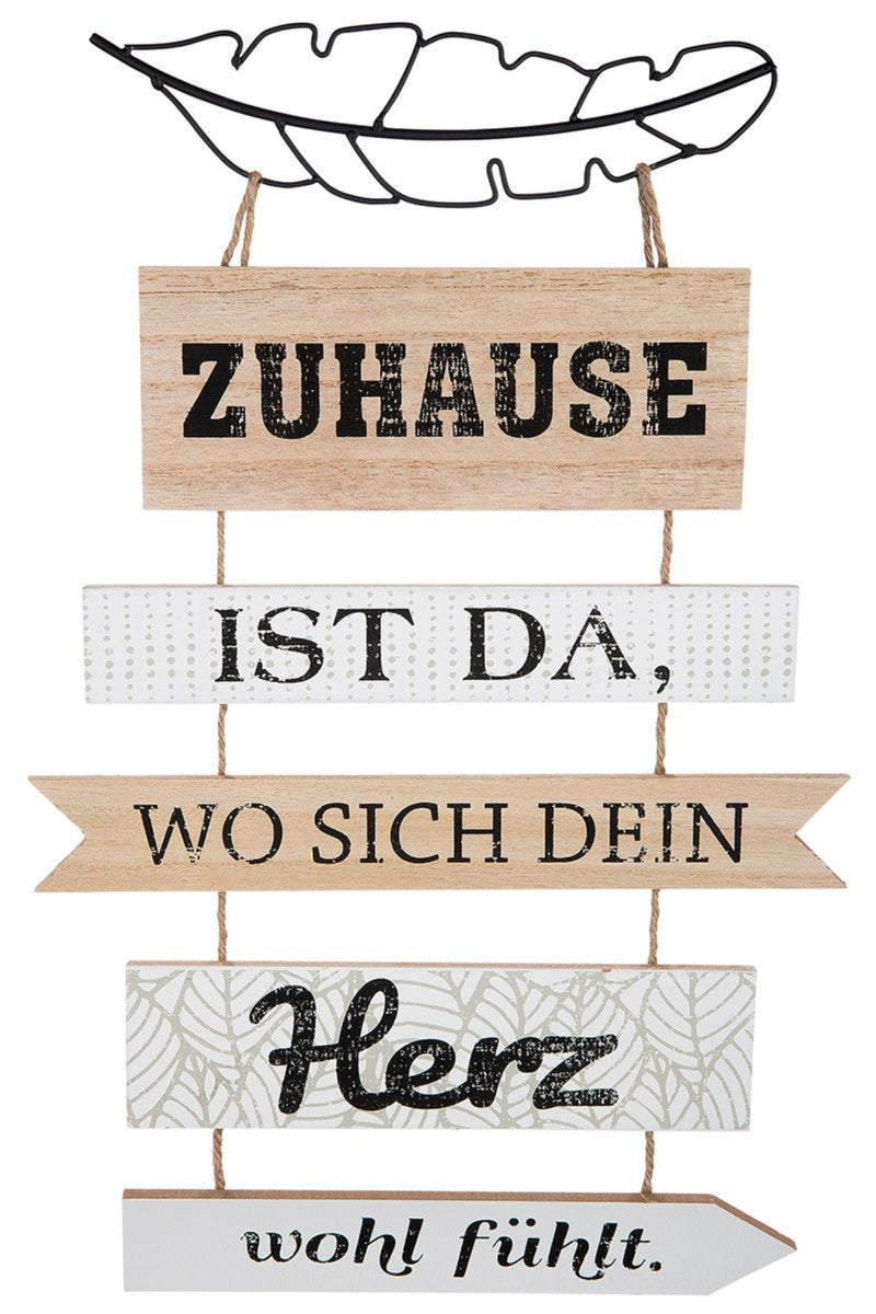 Landhaus Garten Holzplankenschild , Modell: DEIN HERZ WOHLFÜHLT , Material Holz mit Metall-Deko-Feder , Maße 44 x 28 cm, Naturband, ideal für Garten, Terrasse oder einfach Zuhause.