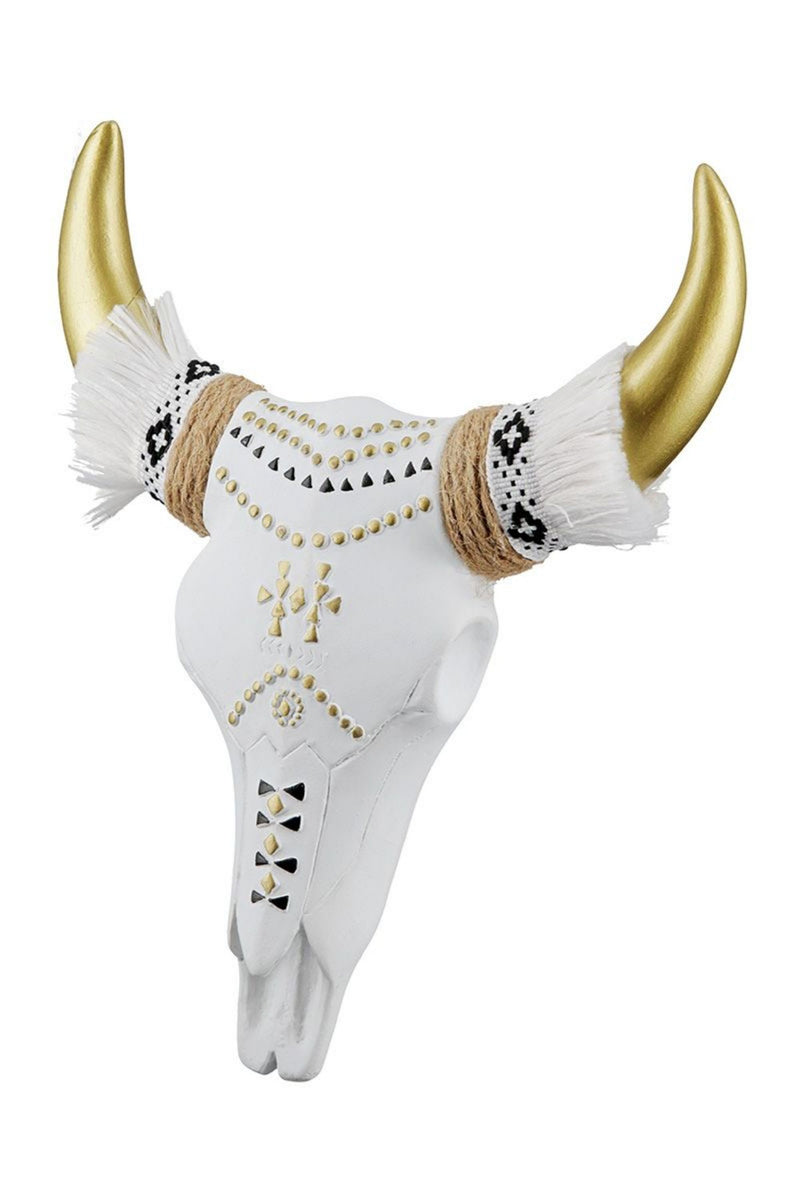 Tolle modern umgesetzte Wandskulptur  „ WHITE BUFFALO HORN “ , Büffelschädel aus stabilem Kunststein, kunstvolle Nachbildung, durch cooles Design in Szene gesetzt, Maße 17 x 4 x 20 cm