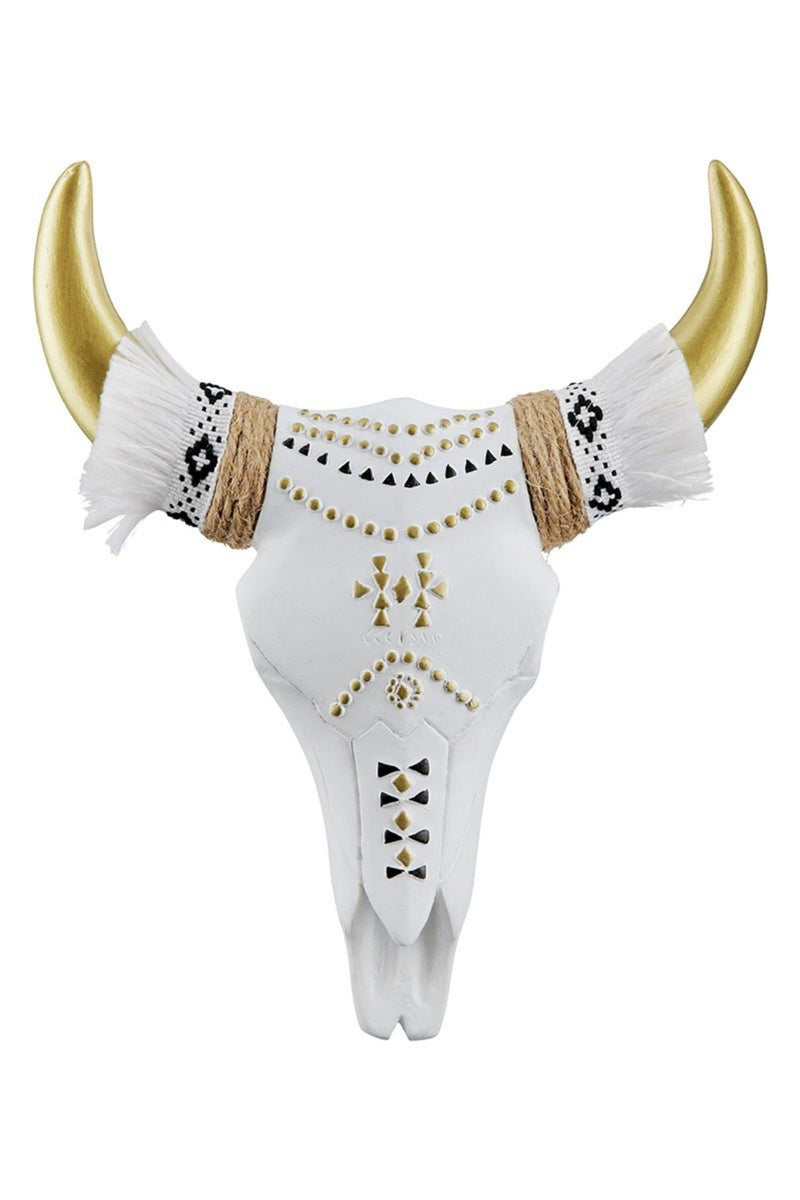 Tolle modern umgesetzte Wandskulptur  „ WHITE BUFFALO HORN “ , Büffelschädel aus stabilem Kunststein, kunstvolle Nachbildung, durch cooles Design in Szene gesetzt, Maße 17 x 4 x 20 cm