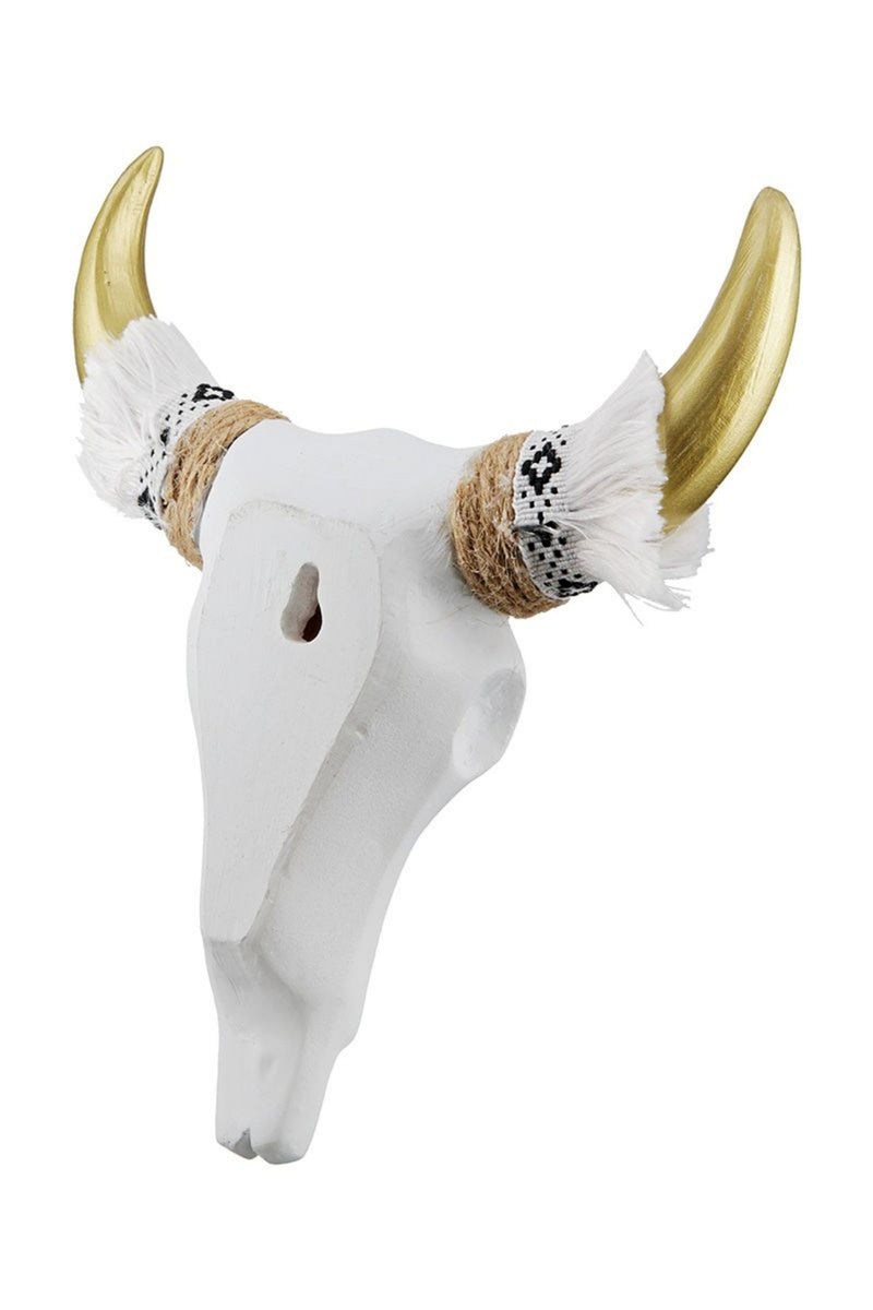 Tolle modern umgesetzte Wandskulptur  „ WHITE BUFFALO HORN “ , Büffelschädel aus stabilem Kunststein, kunstvolle Nachbildung, durch cooles Design in Szene gesetzt, Maße 17 x 4 x 20 cm