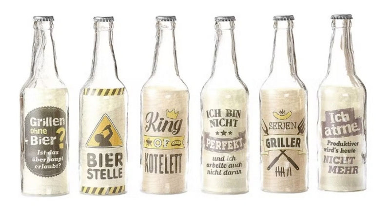 Tolle LED-Flaschendeko mit integrierter 5er Lichterkette, top angesagt, im Grillmeister Stil. LED Flasche mit Spruch, Modell: KING OF KOTELETT, 25 x 7 x 7 cm, Hoher Neidfaktor.