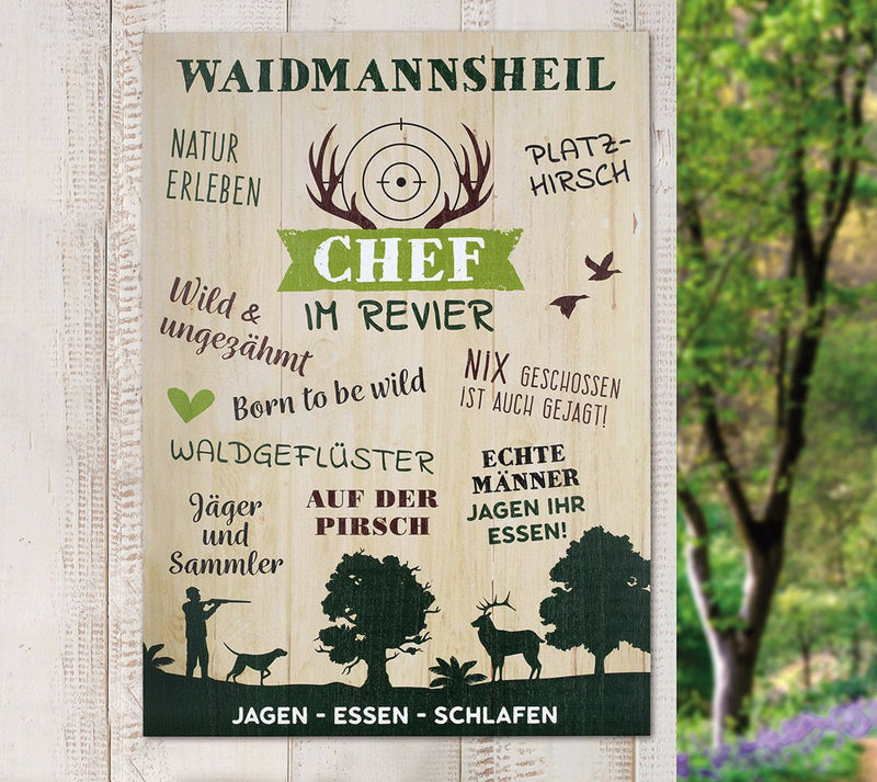 Halber Meter Holzschild in Groß, Vintage Stil mit Sprüchen oder Weisheit, Modell WAIDMANNSHEIL, Maße 50 x 36 cm, Farbe natur, Wandbild ziert Heim und Haus, ideale Geschenkidee
