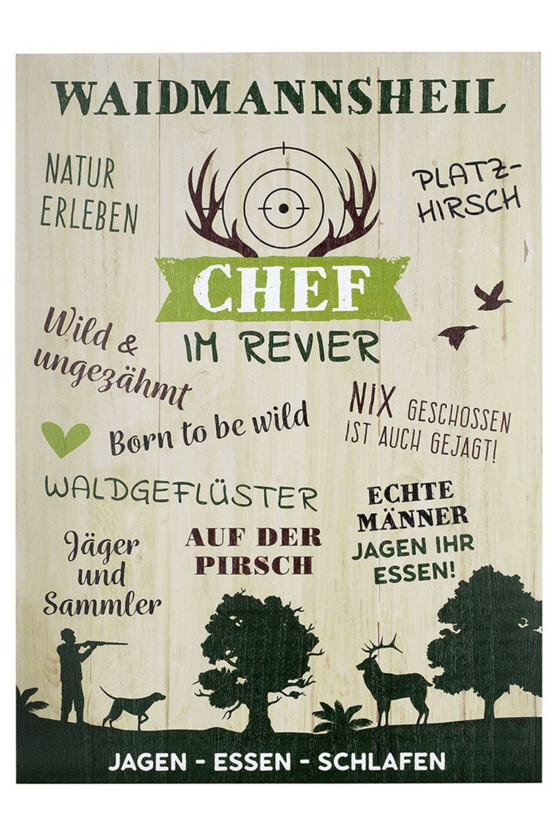 Halber Meter Holzschild in Groß, Vintage Stil mit Sprüchen oder Weisheit, Modell WAIDMANNSHEIL, Maße 50 x 36 cm, Farbe natur, Wandbild ziert Heim und Haus, ideale Geschenkidee