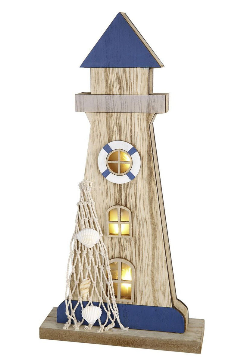 Toller beleuchteter Leuchtturm als Holzaufsteller, top angesagt, maritimer Stil, Modell: TOP OF COAST, Farbe Azurblau, Highlight ist die schöne LED Beleuchtung in den Fenstern