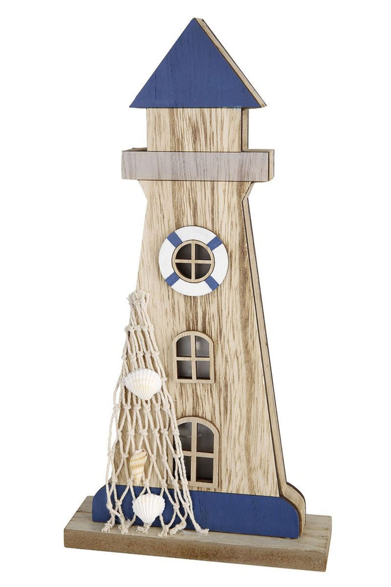 Toller beleuchteter Leuchtturm als Holzaufsteller, top angesagt, maritimer Stil, Modell: TOP OF COAST, Farbe Azurblau, Highlight ist die schöne LED Beleuchtung in den Fenstern
