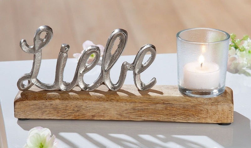 Edler Schriftzug mit Teelichthalter auf Mango Holz in brüniertem Aluminium als Aufsteller, Modell: LIEBE , Maße 23 x 9 x 5 cm, Farbe Natur und Aluminium, mit Glas, tolle Deko fürs Cafe oder Zuhause