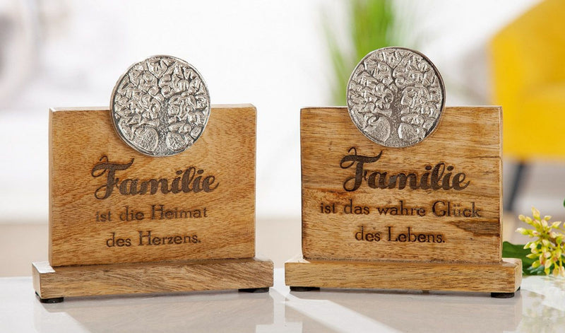 Edler Lebensbaum Aufsteller, Mango-Holz und brüniertes Aluminium, Modell: FAMILIE IST DAS WAHRE GLÜCK DES LEBENS, Maße 16 x 15 x 5 cm, Farbe Natur und silber, tolle Deko
