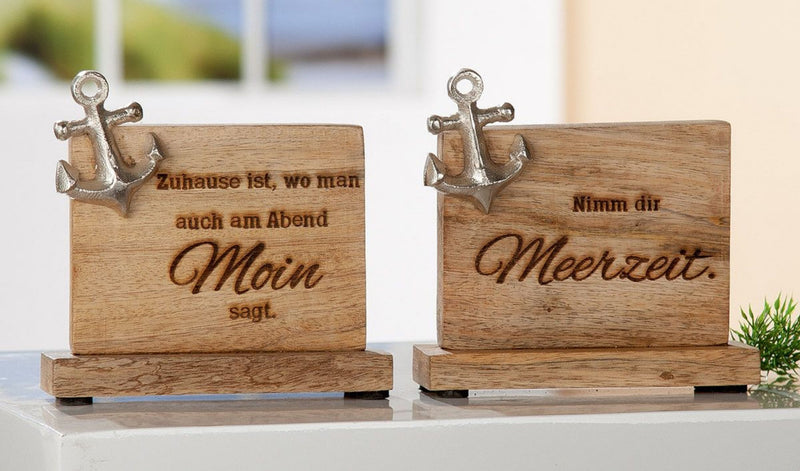 Edler Norden-Anker Aufsteller, Mango-Holz und brüniertes Aluminium, Botschaft: MOIN, Maße 16 x 15 x 5 cm, Farbe Natur und silber, tolle Deko für Haus und Garten, ideale Geschenkidee