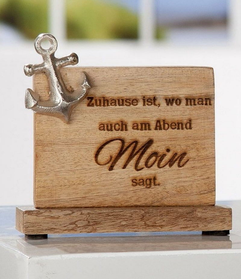 Edler Norden-Anker Aufsteller, Mango-Holz und brüniertes Aluminium, Botschaft: MOIN, Maße 16 x 15 x 5 cm, Farbe Natur und silber, tolle Deko für Haus und Garten, ideale Geschenkidee