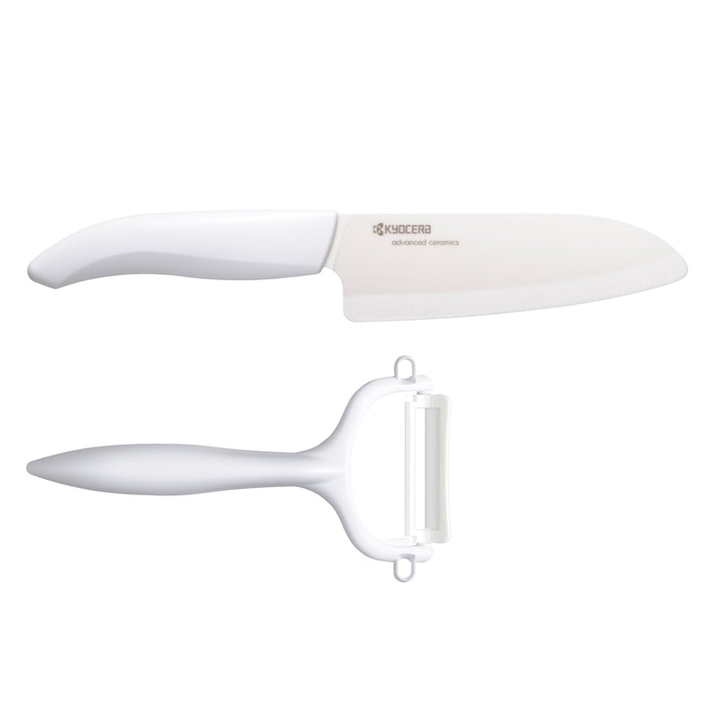 GEN WHITE Cut & Peel Set: Santoku-Keramikmesser mit Schäler