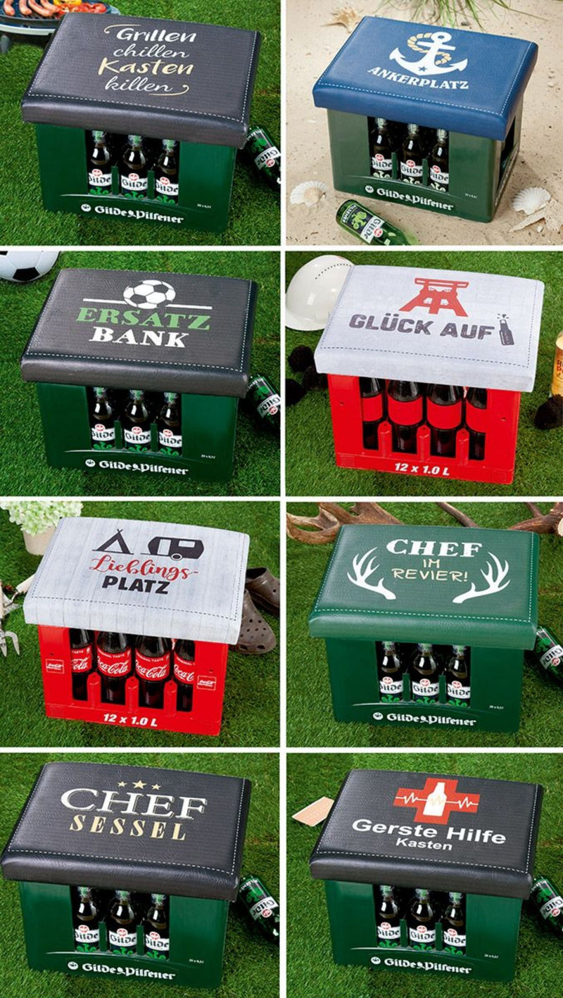 Outdoor Hocker Bierkiste, Sitzaufsatz Modell: HAPPY CAMPER, Material Kunstleder, Maße 44 x 34 x 5 cm, Farbe grün, ideal für Garten, Terrasse, Bar, oder einfach Zuhause.