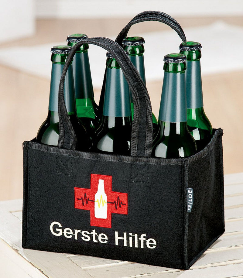 Toller Motto Flaschenträger aus reißfestem Filz, 6 Trennwände, Spruch: GERSTE HILFE. Ideal für 6 Flaschen von 0,33 bis 0,5 Liter Größe. Maße 23 x 15 x 14 cm. Hoher Neidfaktor inclusive.