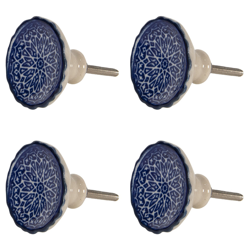 4er-Set Trend Möbelknöpfe, Modell STOCKHOLM , die Keramik mit dem blauen Blüten Muster harmonisch kombiniert, Landhausstil, Durchmesser 4 cm, Länge 4 cm ungekürzt.