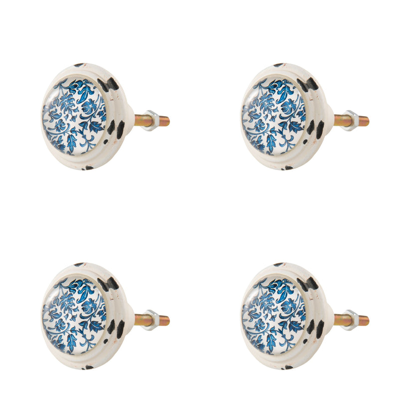 4er-Set Vintage Möbelknöpfe, Modell LUZERN , Metall und Glas harmonisch kombiniert, Landhausstil gemustert, Durchmesser 4 cm, Länge 7 cm ungekürzt.
