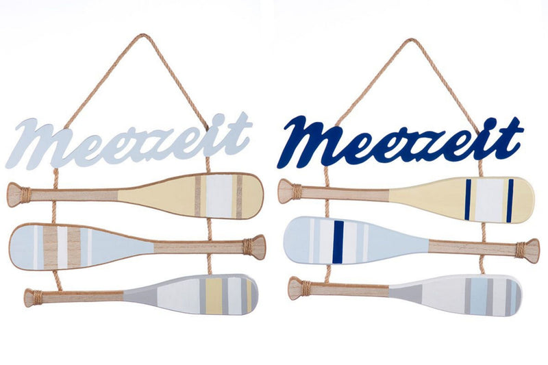 Maritimes Holzplankenschild, Modell: MEERZEIT Schrift DUNKELBLAU, Material Holz mit Sisalband , Maße 38 x 35 cm, Naturband Aufhängung, mit drei Rudern als Holzplanken, Neidfaktor incl.