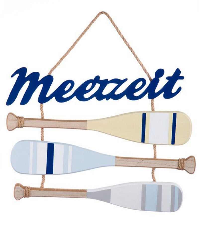 Maritimes Holzplankenschild, Modell: MEERZEIT Schrift DUNKELBLAU, Material Holz mit Sisalband , Maße 38 x 35 cm, Naturband Aufhängung, mit drei Rudern als Holzplanken, Neidfaktor incl.