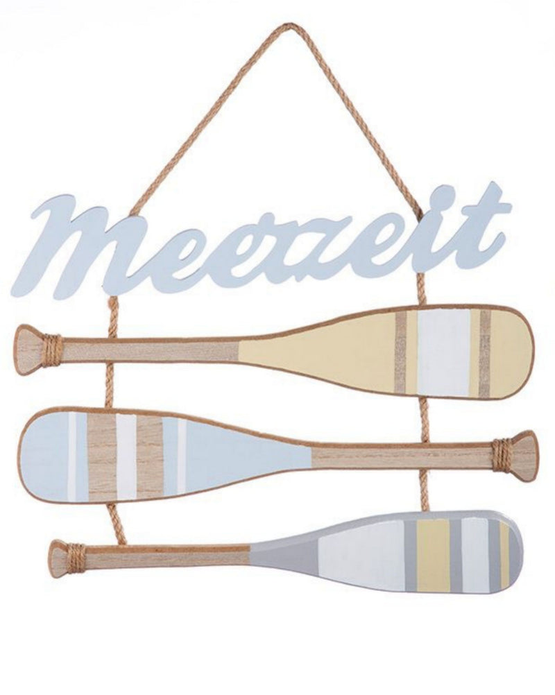 Maritimes Holzplankenschild, Modell: MEERZEIT Schrift HELLBLAU, Material Holz mit Sisalband , Maße 38 x 35 cm, Naturband Aufhängung, mit drei Rudern als Holzplanken, Neidfaktor incl.