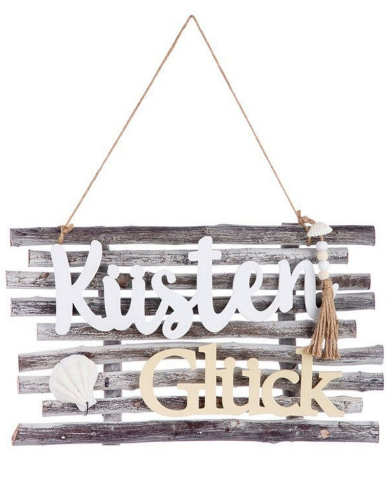 Maritimes Holzplankenschild, Modell: KÜSTENGLÜCK , Material Holz im Treibholzlook , Maße 37 x 33 x 4 cm, Naturband Aufhängung, mit Muschel Applikationen, Neidfaktor incl.