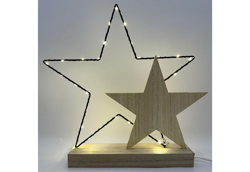 F-H-S Stern 30LED batteriebetr mit Timer Holz u Metall 32x5x31cm
