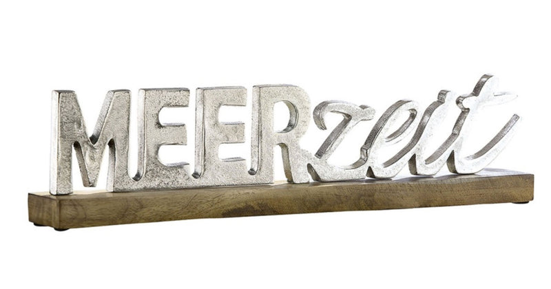 Grosser maritimer Alu- Holzschriftzug als Aufsteller,  Modell: MEERZEIT, Material Alu und Holz, Maße  48 x 11 cm, Farbe silber, ideal für Garten, Terrasse, Cafe, Cafeteria