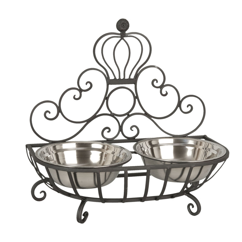 Tolle Futterschalen, Doppel Hundefressnapf aus Eisen, Modell "KINGS AND QUEENS", zwei Edelstahl Näpfe, Eisengestell mit Verzierungen, ideal für drinnen und draußen