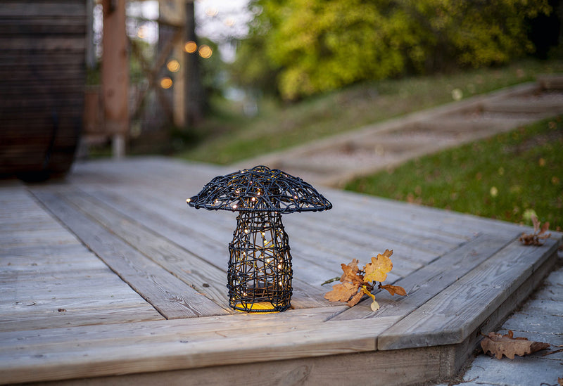 STAR TRADING LED Dekoration Pilz Rattan Batterie Timer Outdoor 27x25cm schwarz