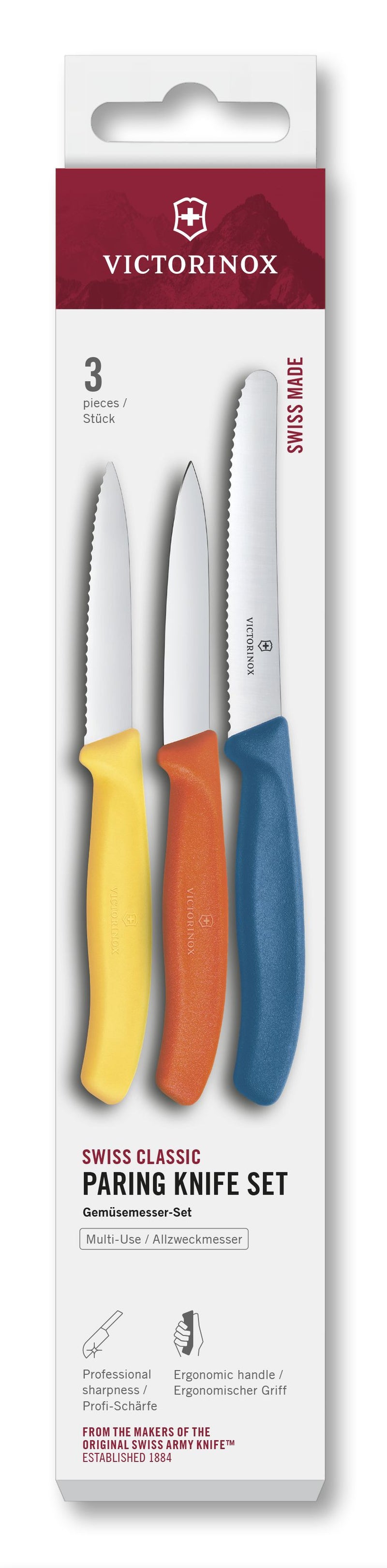 VICTORINOX Gemüsemesser Set gerade/Wellen gelb/orange/blau 3teilig