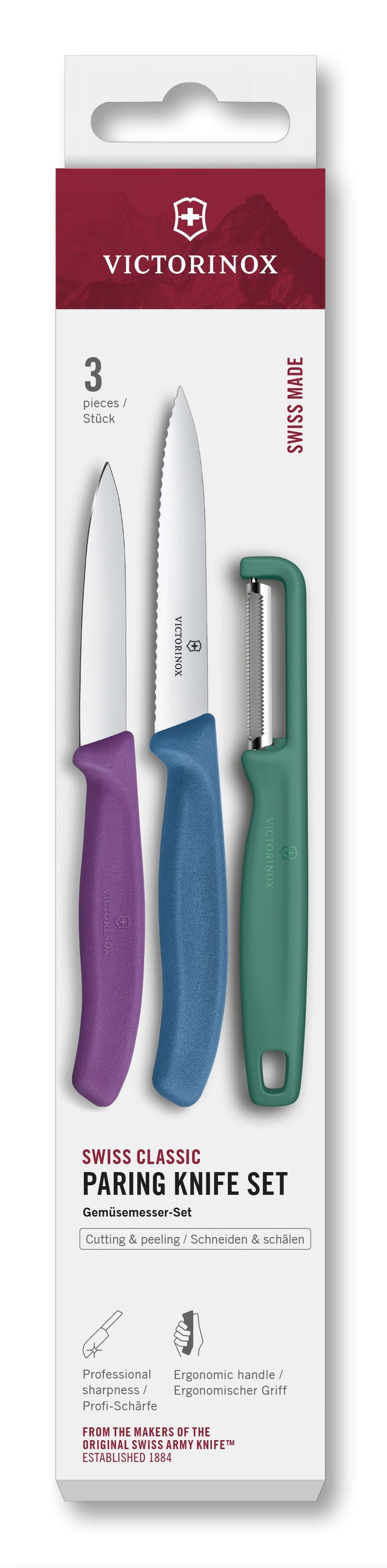 VICTORINOX Gemüsemesser mit I-Schäler grün/violett/blau 3teilig