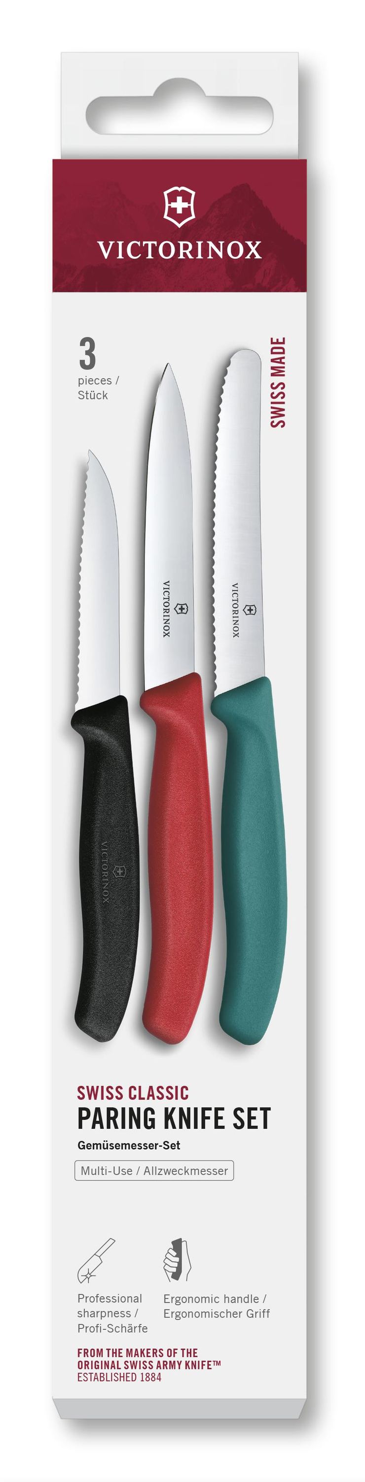 VICTORINOX Gemüsemesser Set gerade/Wellen grün/rot/schwarz 3teilig
