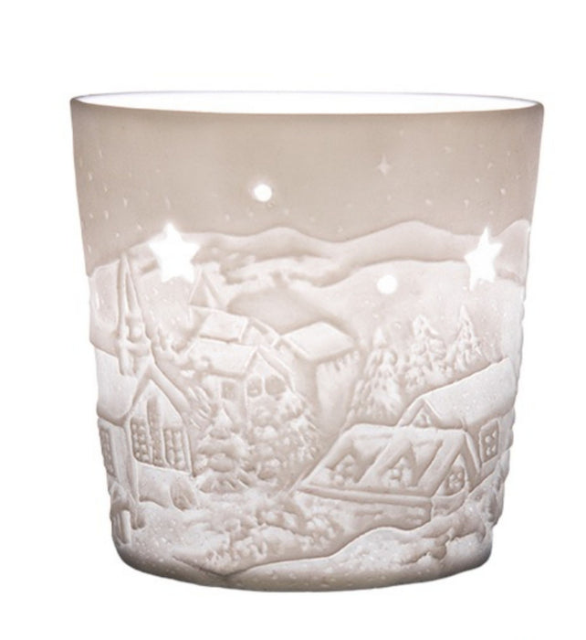 High-quality tea light lantern carousel model "WINTER NIGHT", translucent bisque porcelain, propeller with snowflakes, 6 x 6 x 17 cm, ideal as a gift or home