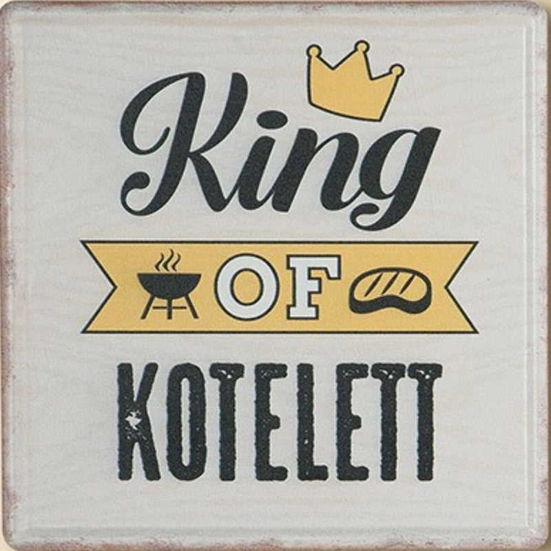 Vintage Retro Blechschild Holzlook Stil, Modell: King of Kotelett , Material Metall , Maße 19 x 19 cm, weiß, ideal für Garten, Terrasse, Bar, Cafe, Cafeteria oder einfach Zuhause.