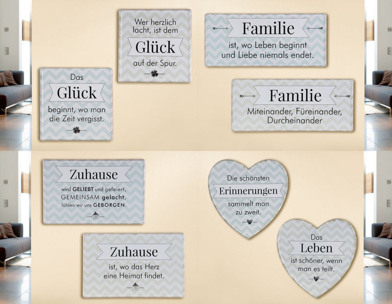 Tolles Metallschild , Modell Glück beginnt da..., Material Metall , Maße 19 x 19 cm, weiß graublau, ideal für Küche, Flur, Cafe, Cafeteria oder einfach Zuhause.