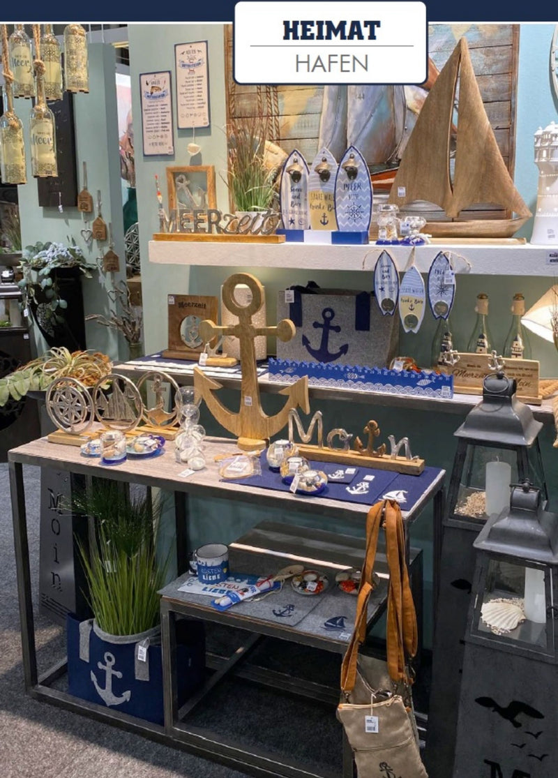 Grosser maritimer Alu- Holzschriftzug als Aufsteller,  Modell: LIEGEPLATZ, Material Alu und Holz, Maße 51 x 15 cm, Farbe silber, ideal für Garten, Terrasse, Cafe, Cafeteria, hoher Neidfaktor