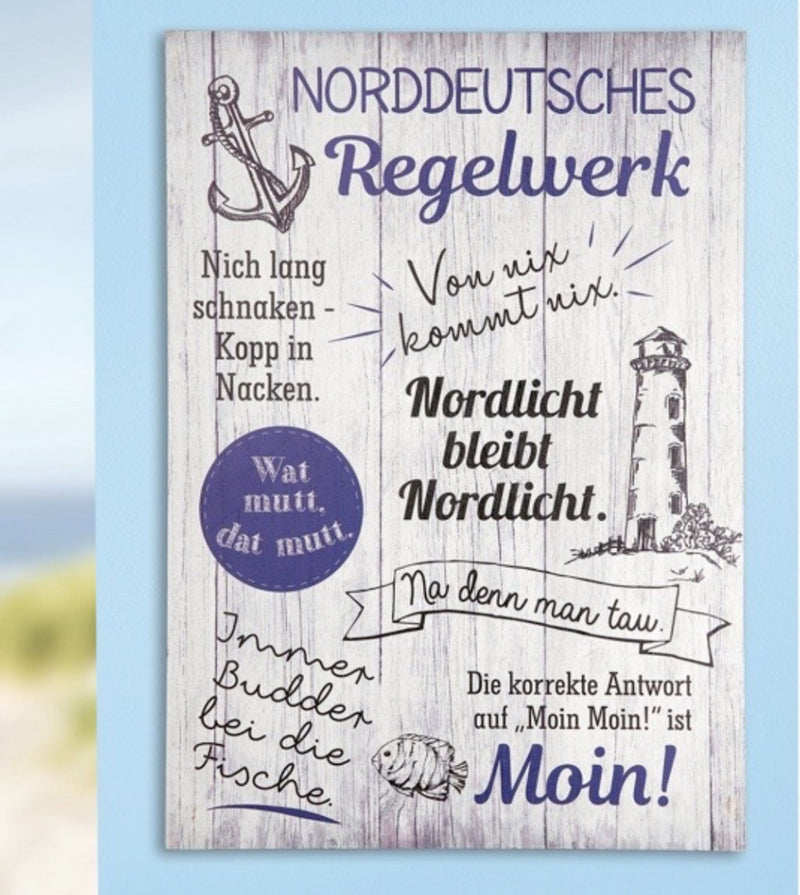 Holzschild in Groß, Vintage Stil mit Sprüchen oder Weisheit, Modell NORDDEUTSCHES REGELWERK..., Maße 50 x 36 cm, weiß, Wandbild ziert Heim und Haus, ideale Geschenkidee