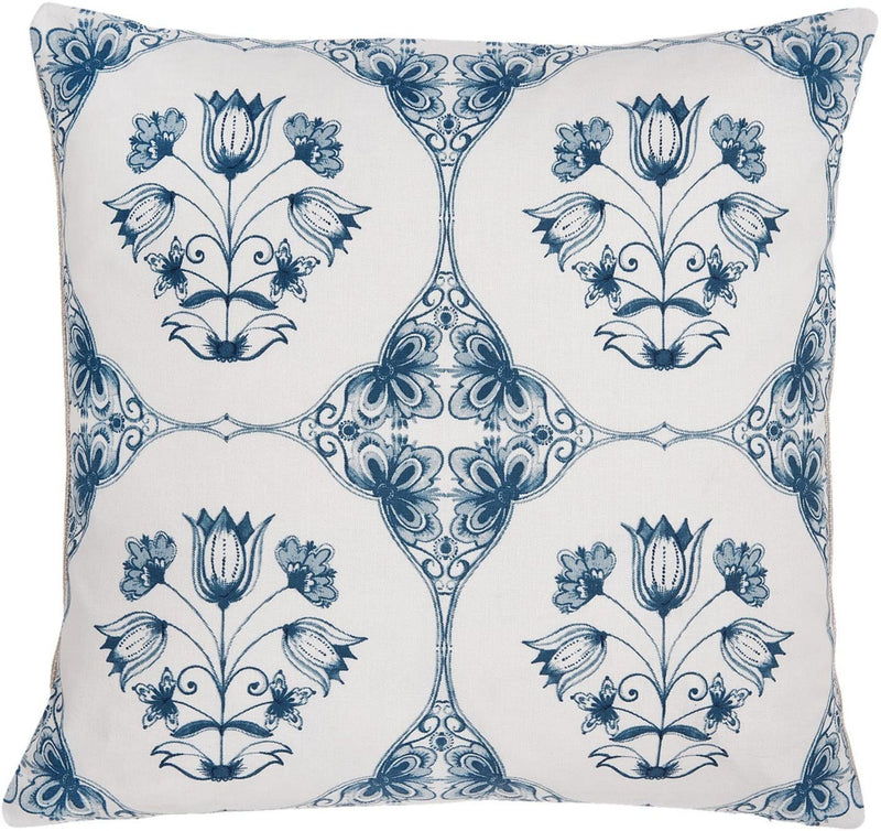 Landhaus Kissenbezug 40 x 40 cm, 100 % Baumwolle, nordischer Landhausstil, Modell BLUE FLOWER, Kissenhülle leicht & angenehm, Vintage in weiß blau gemustert, toll für Bänke und Stühle