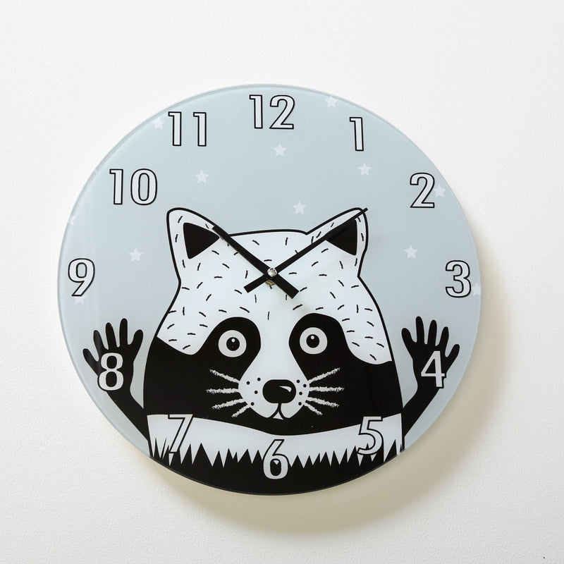 Trendige Kinder Wanduhr mit tollem bedrucktem Glas. Modell " HAMSTER ". Glas lackiert, Farben grau blau. Cooler Look. Durchmesser 34 cm, 4 cm Tiefe, leises Uhrwerk