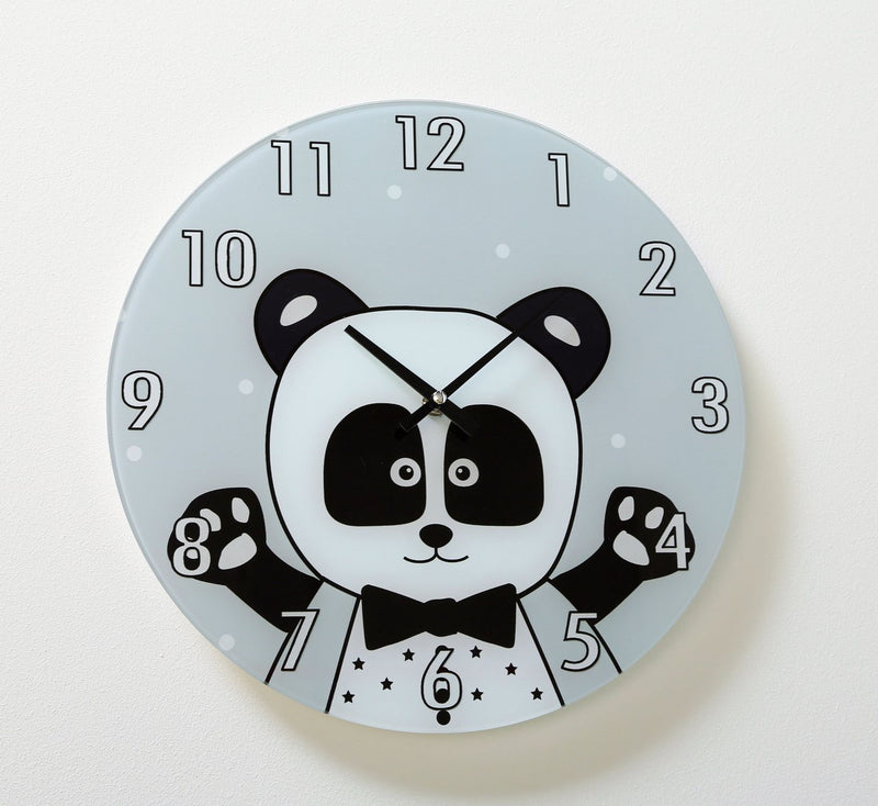 Trendige Kinder Wanduhr mit tollem bedrucktem Glas. Modell " PANDA ". Glas lackiert, Farben grau blau. Cooler Look. Durchmesser 34 cm, 4 cm Tiefe, leises Uhrwerk