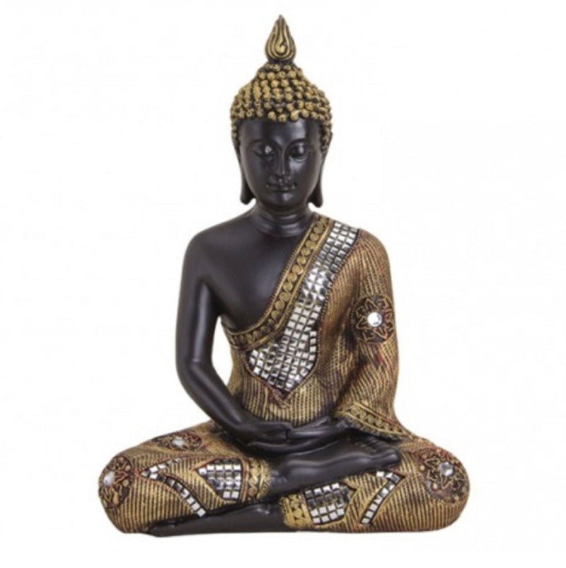 Große Buddha-Figur meditierend sitzend, 27 cm in schwarz Gold, mit feiner Struktur gemuster, Wohnaccessoire, schöne Thai Statue, innen und außen