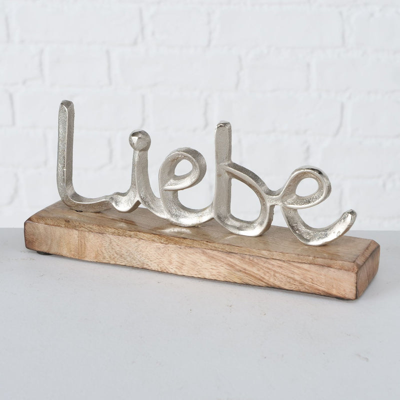 3er Set Aufsteller, top angesagt, Modelle: LEBE, LIEBE, LACHE. Sockel aus Mango Holz, Schriften aus Aluminium, Maße je Stück 23 x 12 x 5 cm